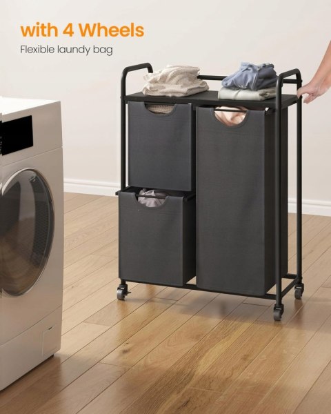 Kosz Na Pranie Wolnostojący Na Kółkach 3 Przegrody Półka Uniwersalny Szary