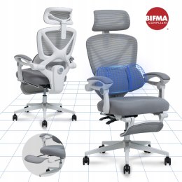 Krzesło Biurowe Ergonomiczne odchylane o 135° lędźwiowe i podnóżek, szare