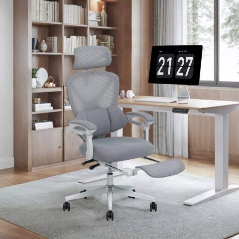 Krzesło Biurowe Ergonomiczne odchylane o 135° lędźwiowe i podnóżek, szare
