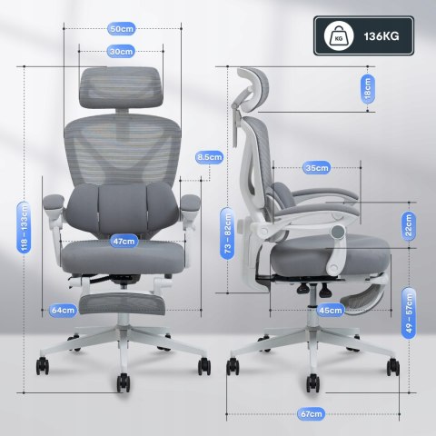 Krzesło Biurowe Ergonomiczne odchylane o 135° lędźwiowe i podnóżek, szare