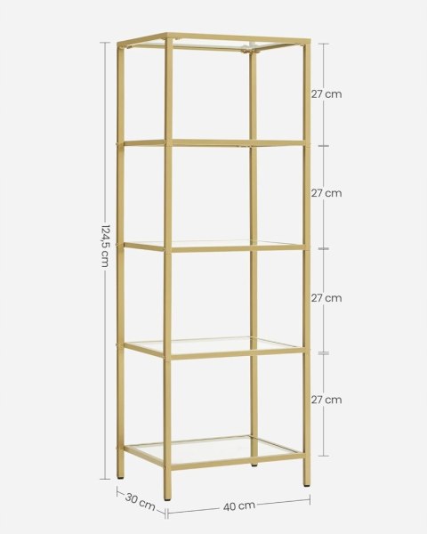 Regał Półka Do Salonu Szklane Półki Złoty 5 Poziomów Stalowa Rama 40x30