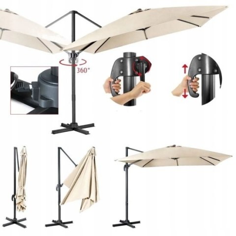 Parasol Ogrodowy klasyczny beżowy 300 x 273 cm Ze Stelażem Obrotowy 360