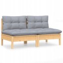 Sofa ogrodowa 2 osobowa z szarymi poduszkami z litego drewna sosnowego