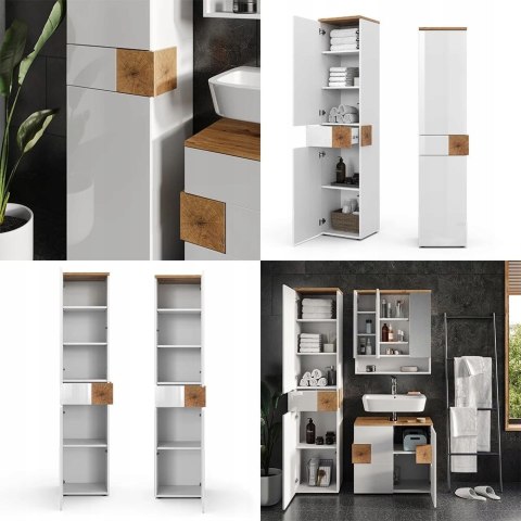 Szafka Łazienkowa Wysoka Z Szufladą I 2 Drzwiami Wąska Nowoczesna