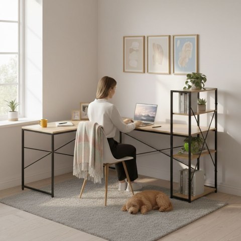 Biurko narożne z regałem 4 półki komputerowe jasny dąb loftowe ModernHome ModernHome