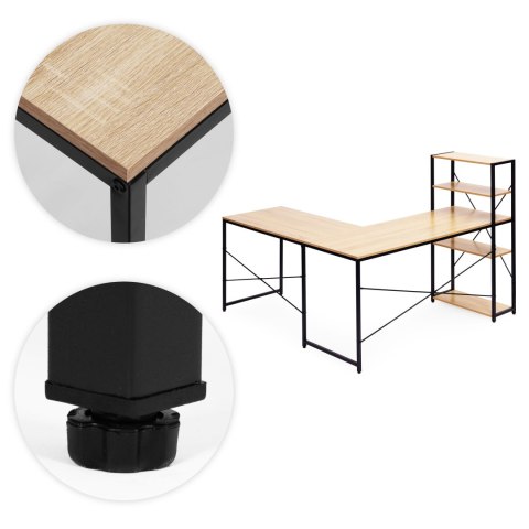 Biurko narożne z regałem 4 półki komputerowe jasny dąb loftowe ModernHome ModernHome
