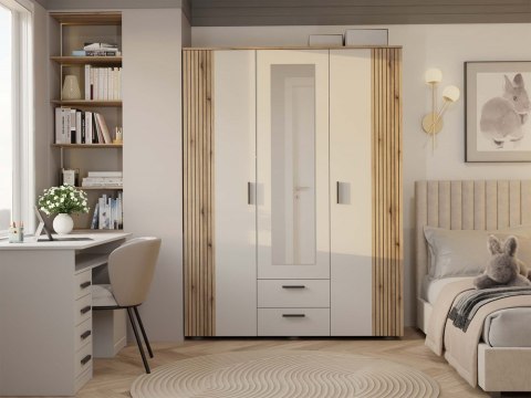 SZAFA AVA 150 CM LUSTRO 2 SZUFLADY RYFLOWANY FRONT DĄB EVOKE KASZMIR BEŻ