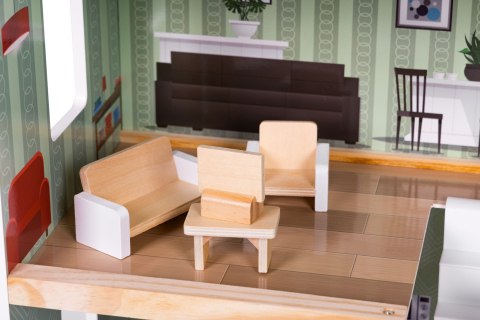 Drewniany domek dla lalek 3 piętra taras z kompletem 15 mebelków ECOTOYS ECOTOYS