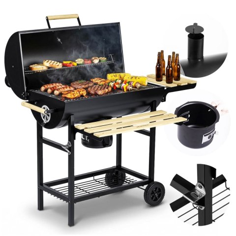 Grill węglowy ogrodowy beczka z kominem półki + termomentr + popielnik Berdsen BD-895 czarny