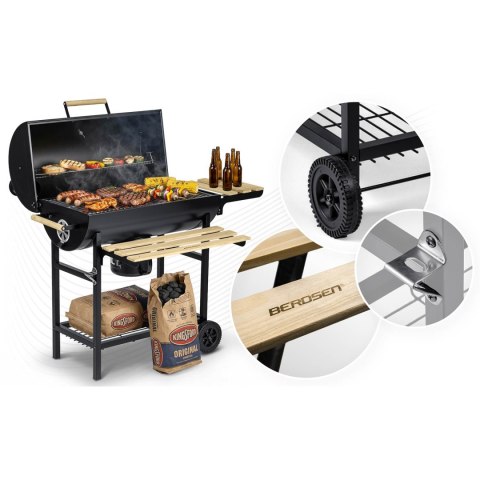 Grill węglowy ogrodowy beczka z kominem półki + termomentr + popielnik Berdsen BD-895 czarny
