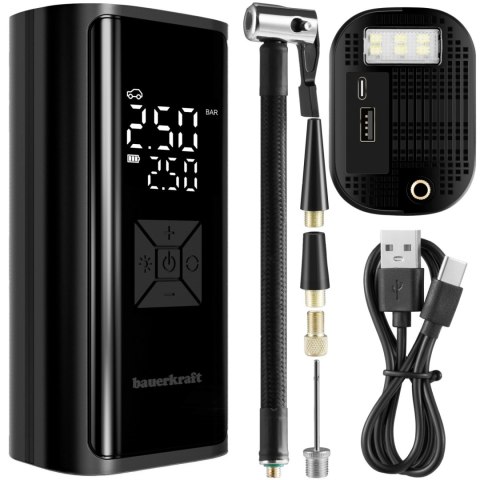 Pompka rowerowa elektryczna kompresor do opon powerbank 6000mAh latarka LED Bauerkraft