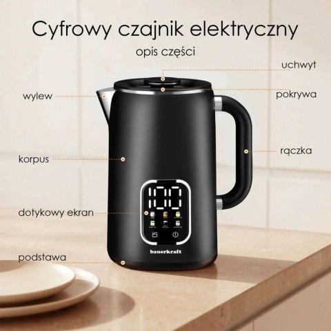 Czajnik elektryczny bezprzewodowy 1,7l smart z regulacją temperatury obrotowy czarny Bauerkraft