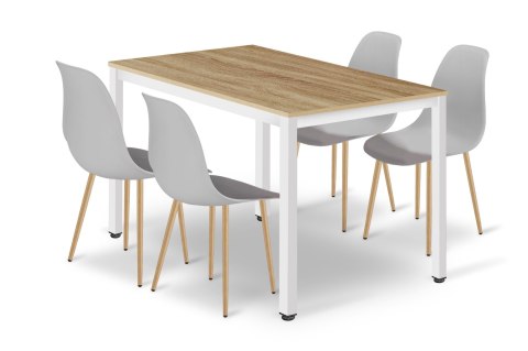 Zestaw Stół TESSA 120cm x 60cm - dąb / białe nogi + 4 krzesła WAT szare / nogi naturalne