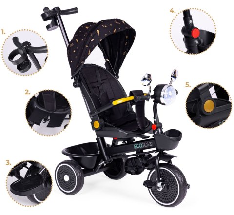 Rowerek trójkołowy dla dzieci spacerówka obracane siedzisko pchacz czarny ECOTOYS ECOTOYS