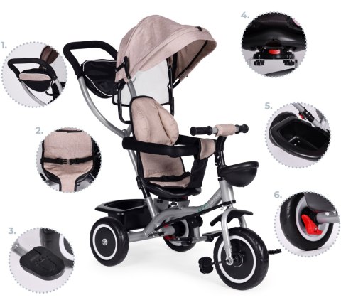 Trójkołowy rowerek spacerówka 2w1 obracane siedzisko składany daszek beżowy ECOTOYS ECOTOYS