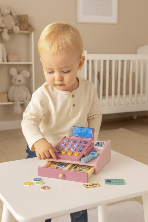 Drewniana kasa fiskalna dla dzieci skaner banknoty monety karta MULTISTORE