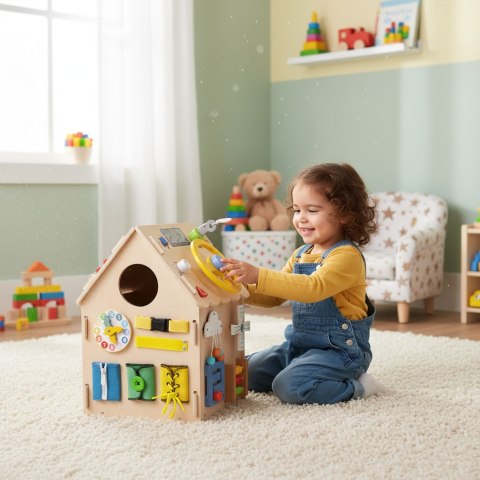 Drewniany domek manipulacyjny dla dzieci panel edukacyjny XXL 30 elementów ECOTOYS