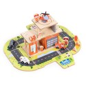 Drewniany garaż zestaw straży pożarnej 2w1 - remiza i wóz 2 piętra figurki pojazdy ECOTOYS ECOTOYS