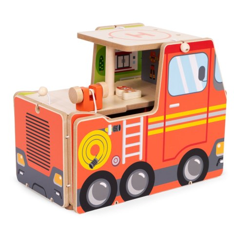 Drewniany garaż zestaw straży pożarnej 2w1 - remiza i wóz 2 piętra figurki pojazdy ECOTOYS ECOTOYS