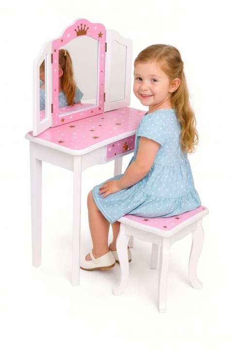 Duża toaletka zabawkowa dla dziewczynki potrójne lustro taboret szuflada ECOTOYS ECOTOYS