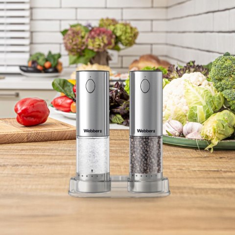 Elektryczny młynek do soli i pieprzu akumulatorowy USB zestaw 2 sztuki regulacja mielenia podświetlenie WEBBER