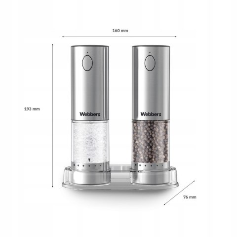 Elektryczny młynek do soli i pieprzu akumulatorowy USB zestaw 2 sztuki regulacja mielenia podświetlenie WEBBER