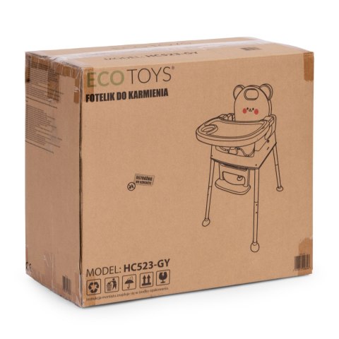 Fotelik krzesełko do karmienia dzieci 3w1 podwójna tacka 5-punktowe pasy szary ECOTOYS ECOTOYS